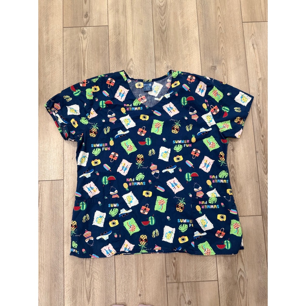 Zoe + Chloe Summer Fun Scrub Top XL Navy Blue Fruit Beach Print V-Neck Pockets